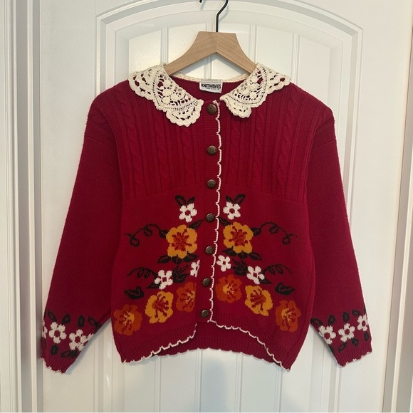 Vintage Cardigan Sweater Lace Trim Grandma Dainty Knit Floral Size Extra Small - Picture 3 of 6